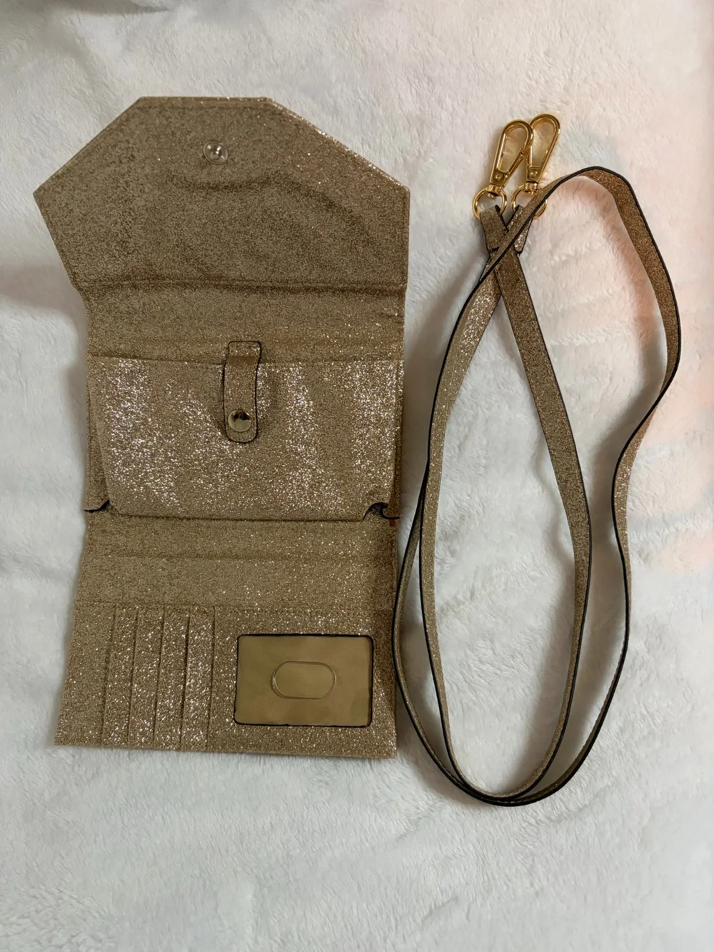 Guess Gold Glitter Sparkly Crossbody Phone & Card Holder Wallet removable strap